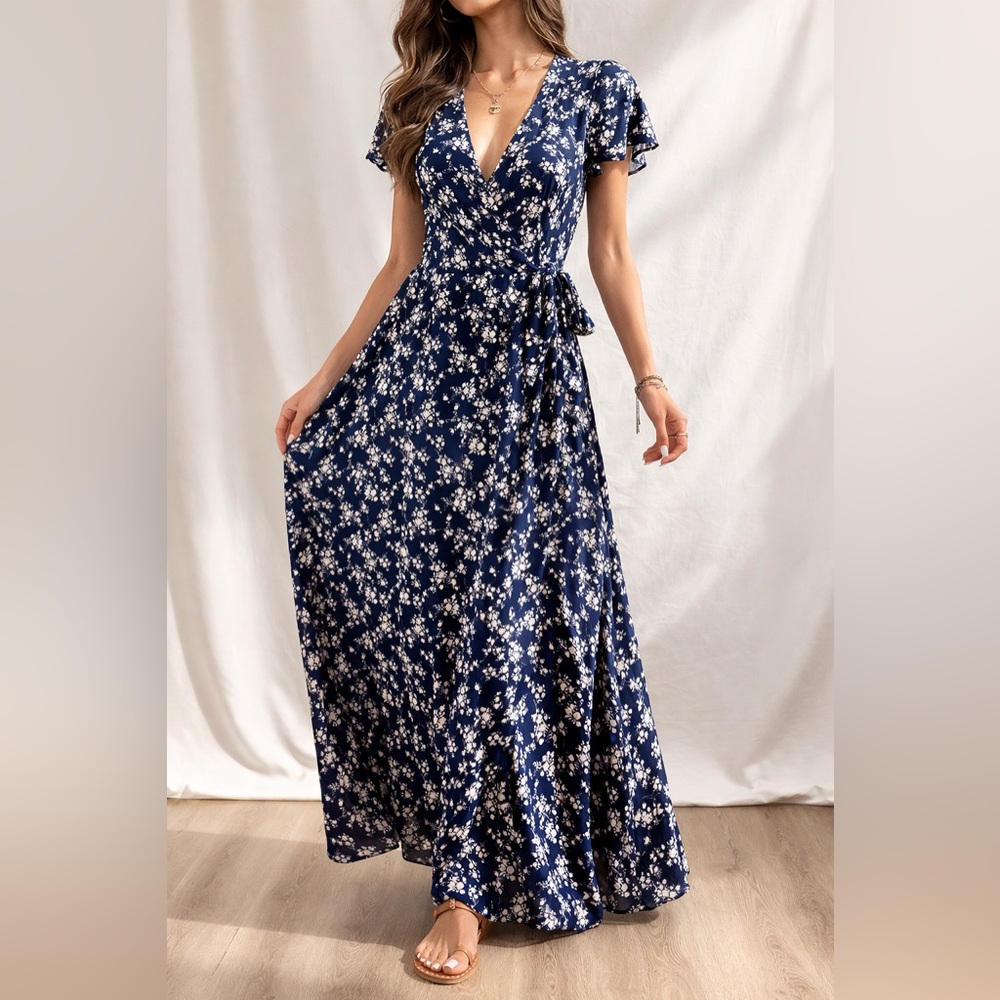 Aakaa Floral Wrap Maxi Dress Navy White Boho Tie Waist Size S NWT